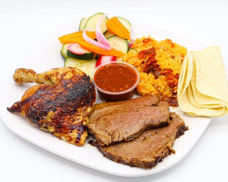 Combo Plate with chicken and tri-tip served with rice, cucumber salad, salsa and tortillas